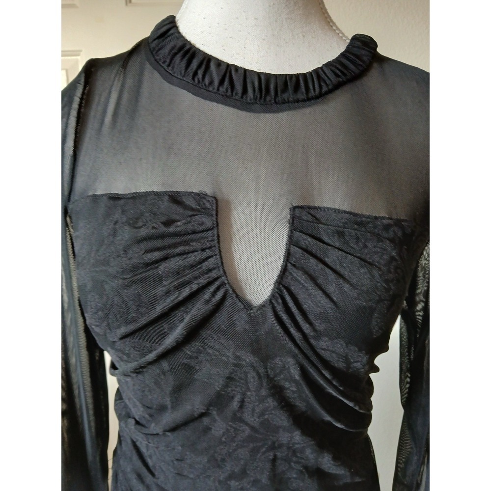 Paper Moonโ Black Mesh Sheer Top Ruched Velvet Detail Y2K Goth Clubwear Size L - Picture 8 of 16